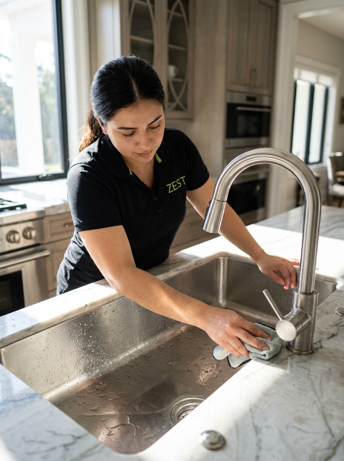 A Zest cleaner detailing a stainless kitchen sink